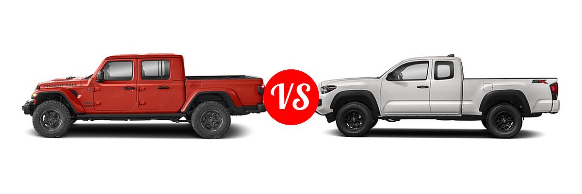 2022 Jeep Gladiator Pickup Altitude / High Altitude / Mojave / Overland / Rubicon / Sport / Sport S / Texas Trail / Willys / Willys Sport vs. 2022 Toyota Tacoma Pickup SR - Side Comparison