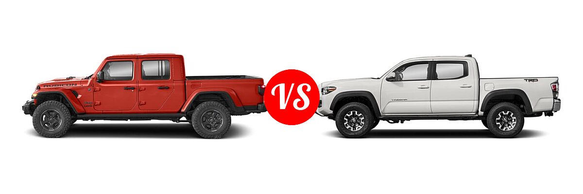 2022 Jeep Gladiator Pickup Altitude / High Altitude / Mojave / Overland / Rubicon / Sport / Sport S / Texas Trail / Willys / Willys Sport vs. 2022 Toyota Tacoma Pickup TRD Off Road - Side Comparison