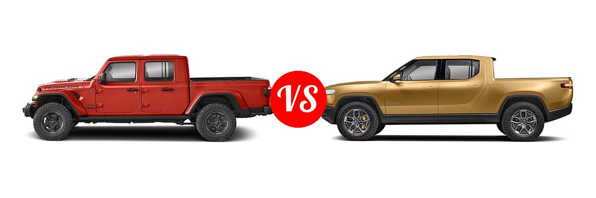 2022 Jeep Gladiator Pickup Altitude / High Altitude / Mojave / Overland / Rubicon / Sport / Sport S / Texas Trail / Willys / Willys Sport vs. 2022 Rivian R1T Pickup Electric Adventure Package / Explore Package / Launch Edition - Side Comparison