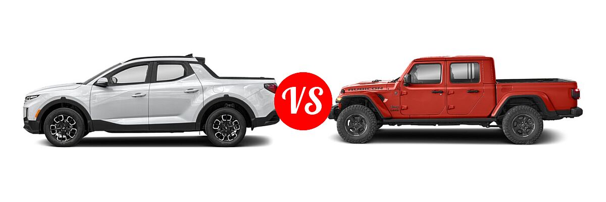 2022 Hyundai Santa Cruz Pickup SEL Premium vs. 2022 Jeep Gladiator Pickup Altitude / High Altitude / Mojave / Overland / Rubicon / Sport / Sport S / Texas Trail / Willys / Willys Sport - Side Comparison