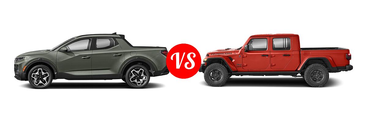 2022 Hyundai Santa Cruz Pickup Limited / SE / SEL vs. 2022 Jeep Gladiator Pickup Altitude / High Altitude / Mojave / Overland / Rubicon / Sport / Sport S / Texas Trail / Willys / Willys Sport - Side Comparison