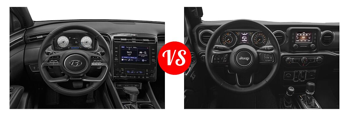 2022 Hyundai Santa Cruz Pickup SEL Premium vs. 2022 Jeep Gladiator Pickup Altitude / Sport / Sport S / Texas Trail / Willys / Willys Sport - Dashboard Comparison