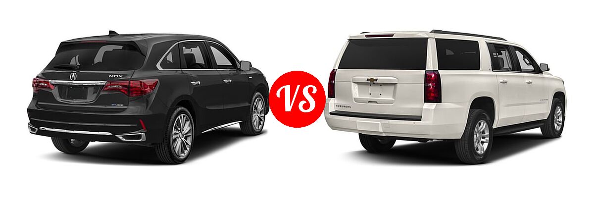 2017 Acura MDX SUV Hybrid Sport Hybrid w/Technology Pkg vs. 2017 Chevrolet Suburban SUV LS / LT - Rear Right Comparison