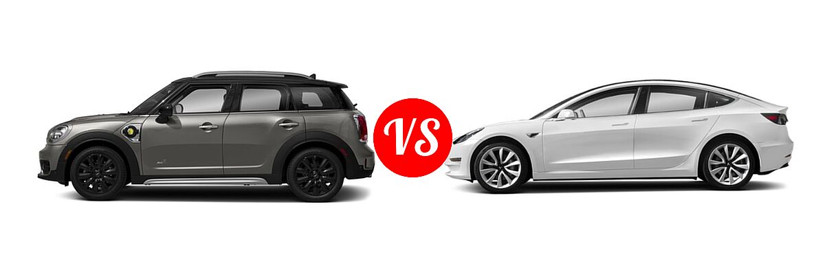 2018 MINI Countryman Wagon Hybrid Cooper S E vs. 2019 Tesla Model 3 Sedan Electric Long Range Battery AWD / Mid Range Battery RWD / Performance - Side Comparison