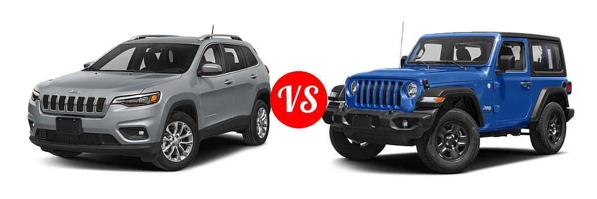 2019 Jeep Cherokee SUV Latitude / Latitude Plus / Limited / Overland / Trailhawk / Trailhawk Elite vs. 2019 Jeep Wrangler SUV Rubicon / Sport / Sport S - Front Left Comparison