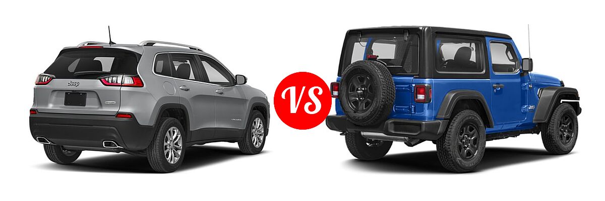 2019 Jeep Cherokee SUV Latitude / Latitude Plus / Limited / Overland / Trailhawk / Trailhawk Elite vs. 2019 Jeep Wrangler SUV Rubicon / Sport / Sport S - Rear Right Comparison