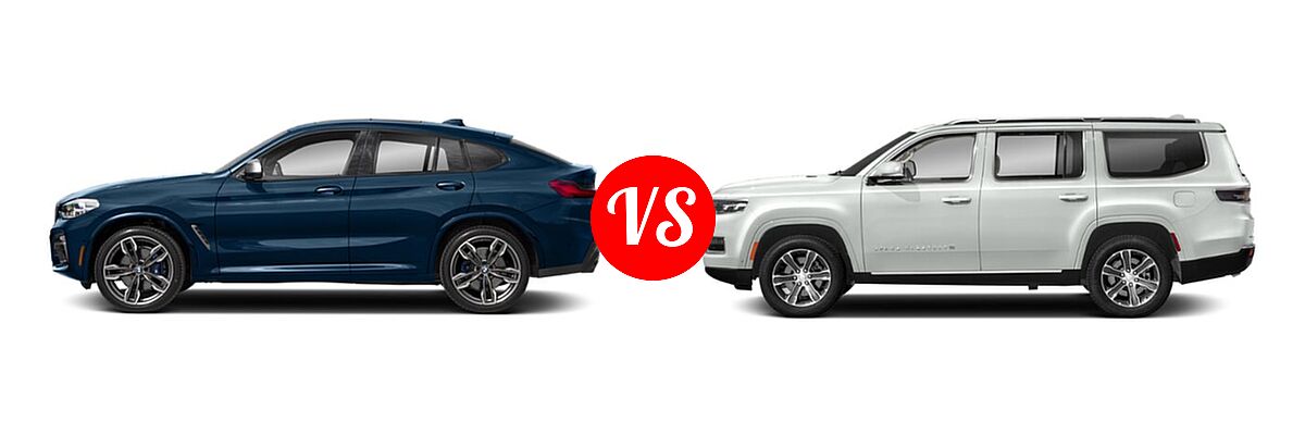 2019 BMW X4 M40i SUV M40i vs. 2022 Jeep Grand Wagoneer SUV Series I / Series II / Series II Obsidian / Series III - Side Comparison