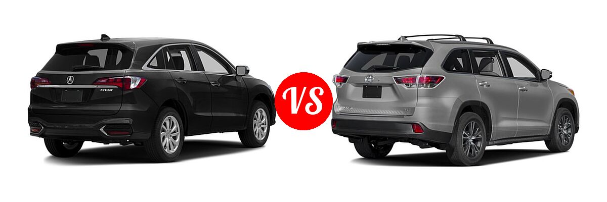 2016 Acura RDX SUV AcuraWatch Plus Pkg / FWD 4dr vs. 2016 Toyota Highlander SUV XLE - Rear Right Comparison