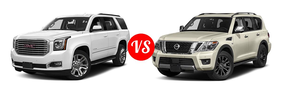2019 GMC Yukon SUV Denali / SLE / SLT / SLT Standard Edition vs. 2019 Nissan Armada SUV Platinum / SL - Front Left Comparison