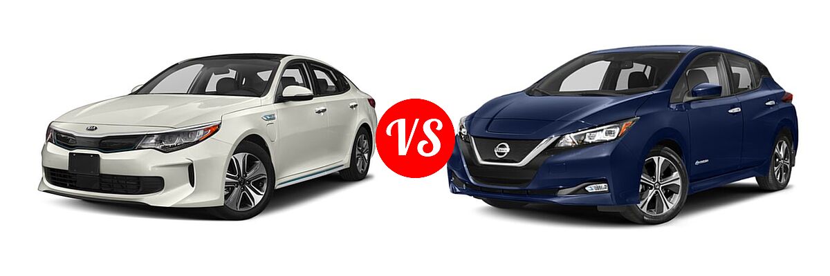 2018 Kia Optima Plug-In Hybrid Sedan EX vs. 2021 Nissan Leaf Hatchback Electric S / S PLUS / SL PLUS / SV / SV PLUS - Front Left Comparison