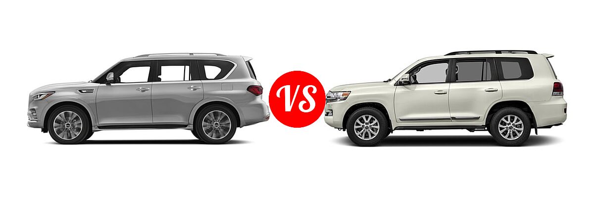 2018 Infiniti QX80 SUV AWD / RWD vs. 2018 Toyota Land Cruiser SUV 4WD (GS) / 4WD (Natl) / 4WD (SE) - Side Comparison