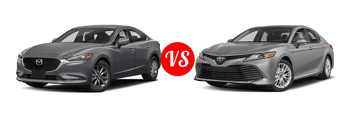 2018 Mazda 6 Sedan Sport vs. 2018 Toyota Camry Hybrid Sedan Hybrid LE / Hybrid SE / Hybrid XLE - Front Left Comparison