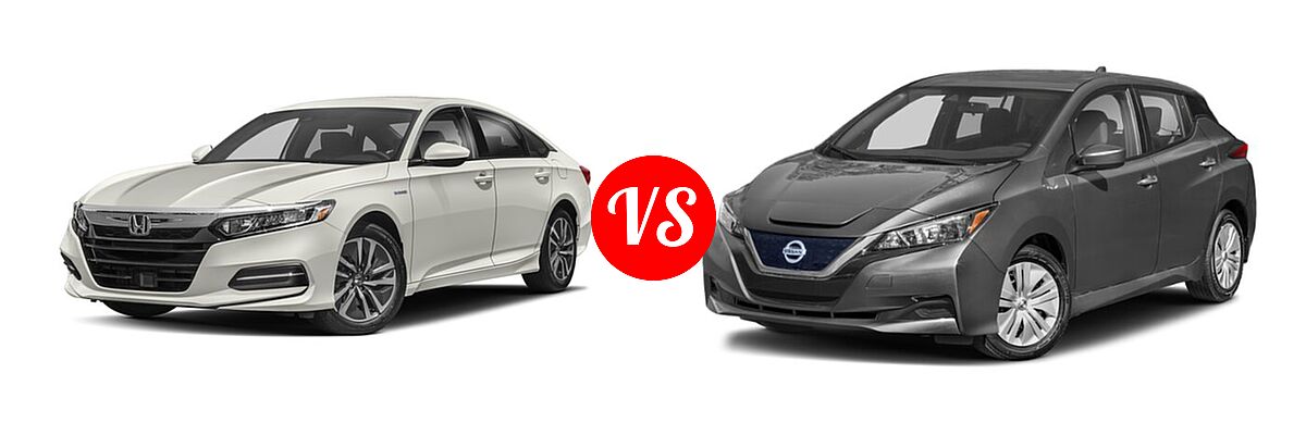 2018 Honda Accord Hybrid Sedan Hybrid Sedan vs. 2022 Nissan Leaf Hatchback Electric S / S PLUS / SL PLUS / SV / SV PLUS - Front Left Comparison