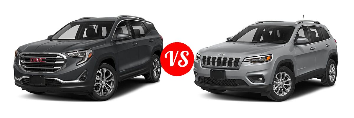 2019 GMC Terrain SUV Denali vs. 2019 Jeep Cherokee SUV Latitude / Latitude Plus / Limited / Overland / Trailhawk / Trailhawk Elite - Front Left Comparison