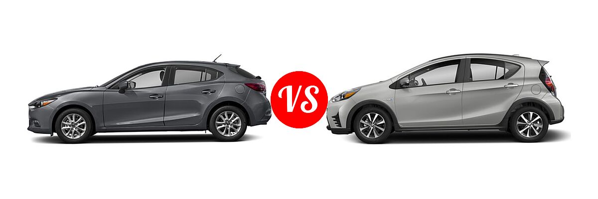 2018 Mazda 3 Hatchback Sport vs. 2018 Toyota Prius c Hatchback Four / One / Three / Two - Side Comparison