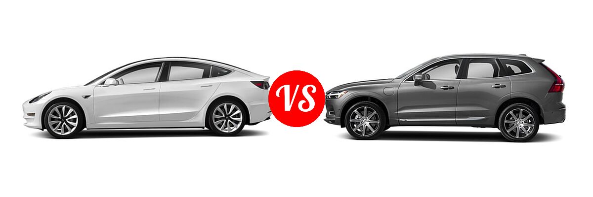 2019 Tesla Model 3 Sedan Electric Long Range Battery AWD / Mid Range Battery RWD / Performance vs. 2018 Volvo XC60 SUV Hybrid Inscription / Momentum / R-Design - Side Comparison