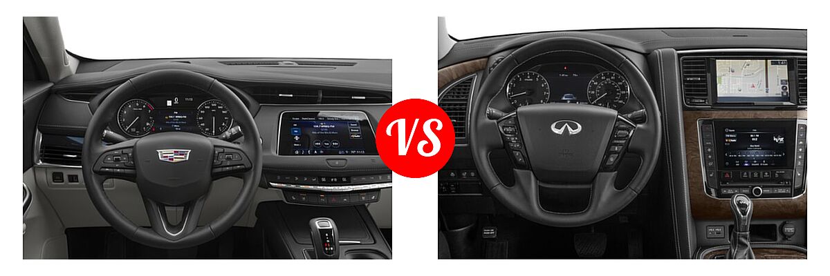 2019 Cadillac XT4 SUV AWD Luxury / AWD Premium Luxury / AWD Sport / FWD Luxury / FWD Premium Luxury / FWD Sport vs. 2022 Infiniti QX80 SUV LUXE - Dashboard Comparison
