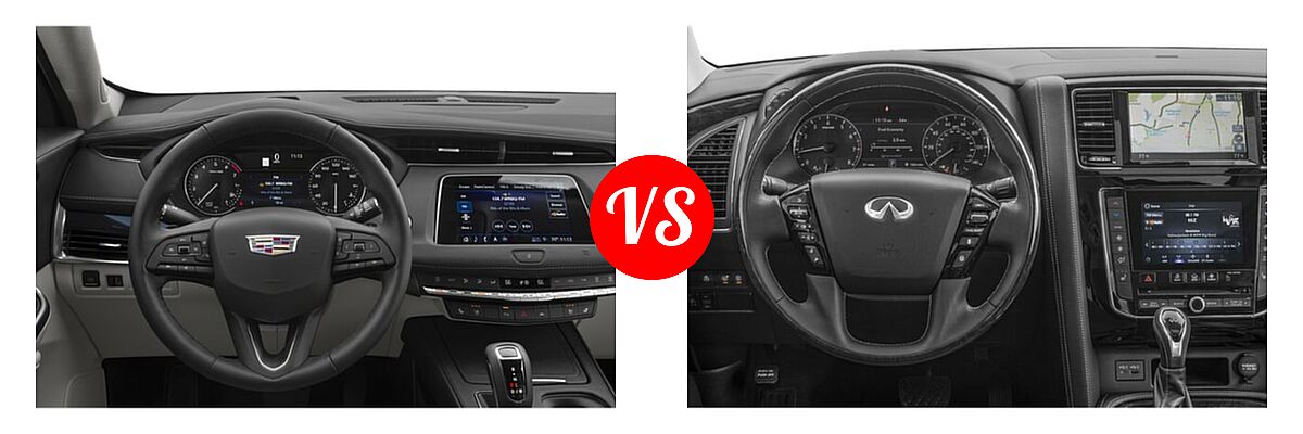 2019 Cadillac XT4 SUV AWD Luxury / AWD Premium Luxury / AWD Sport / FWD Luxury / FWD Premium Luxury / FWD Sport vs. 2022 Infiniti QX80 SUV PREMIUM SELECT - Dashboard Comparison