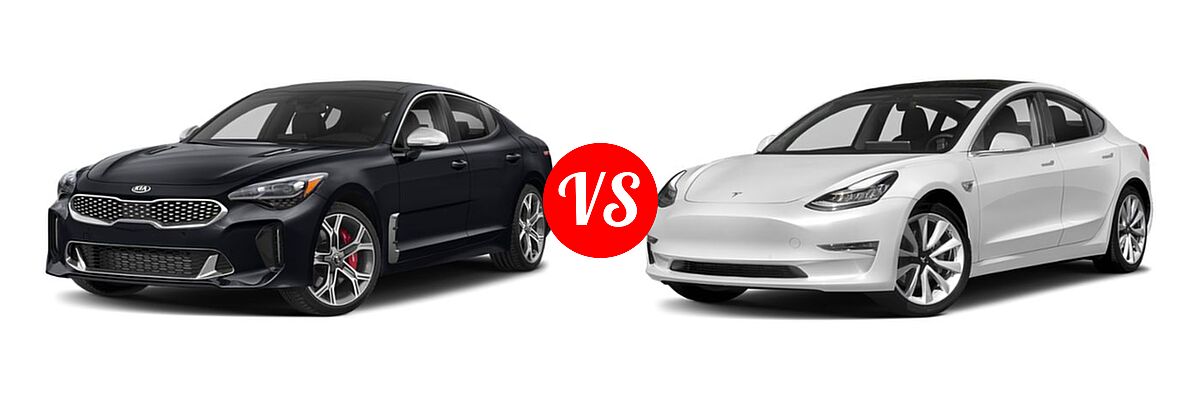 2018 Kia Stinger Sedan GT / GT1 / GT2 / Premium vs. 2018 Tesla Model 3 Sedan Electric Sedan - Front Left Comparison