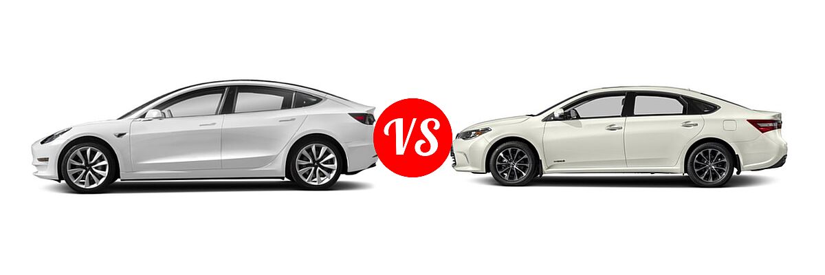2018 Tesla Model 3 Sedan Electric Sedan vs. 2018 Toyota Avalon Hybrid Sedan Hybrid XLE Plus / Hybrid XLE Premium - Side Comparison