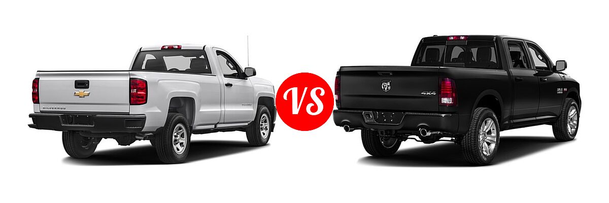 2016 Chevrolet Silverado 1500 Pickup Work Truck vs. 2016 Ram 1500 Pickup Big Horn / Express / Lone Star / Outdoorsman / Sport / Tradesman - Rear Right Comparison