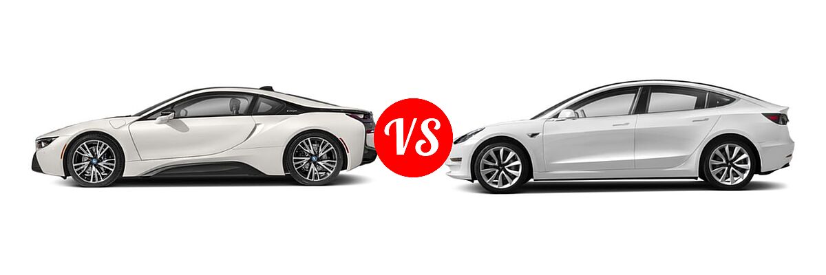 2019 BMW i8 Coupe PHEV Coupe vs. 2019 Tesla Model 3 Sedan Electric Long Range Battery AWD / Mid Range Battery RWD / Performance - Side Comparison