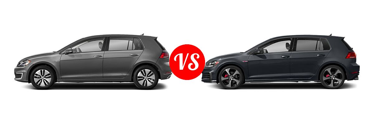 2019 Volkswagen e-Golf Hatchback Electric SE / SEL Premium vs. 2019 Volkswagen Golf GTI Hatchback Autobahn / Rabbit Edition / S / SE - Side Comparison
