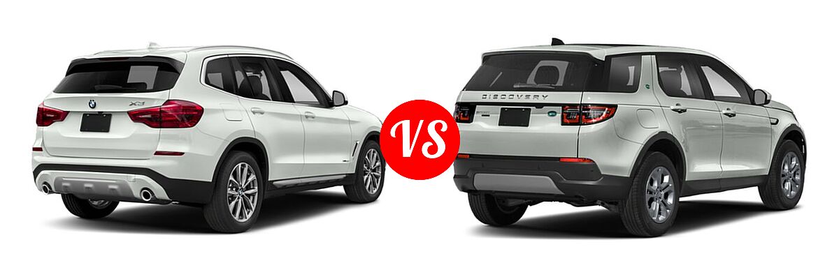 2019 BMW X3 SUV sDrive30i / xDrive30i vs. 2021 Land Rover Discovery Sport SUV S / S R-Dynamic / SE / SE R-Dynamic - Rear Right Comparison