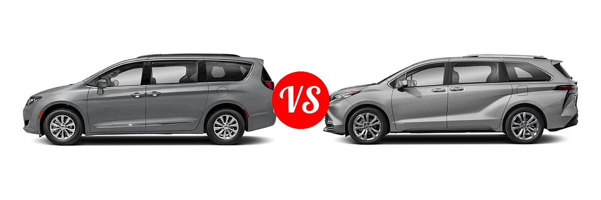 2020 Chrysler Pacifica Minivan Red S vs. 2021 Toyota Sienna Minivan Hybrid Platinum - Side Comparison