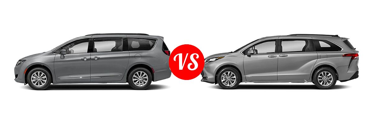 2020 Chrysler Pacifica Minivan Red S vs. 2021 Toyota Sienna Minivan Hybrid XLE - Side Comparison
