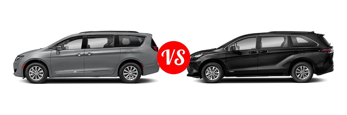 2020 Chrysler Pacifica Minivan Red S vs. 2021 Toyota Sienna Minivan Hybrid LE - Side Comparison