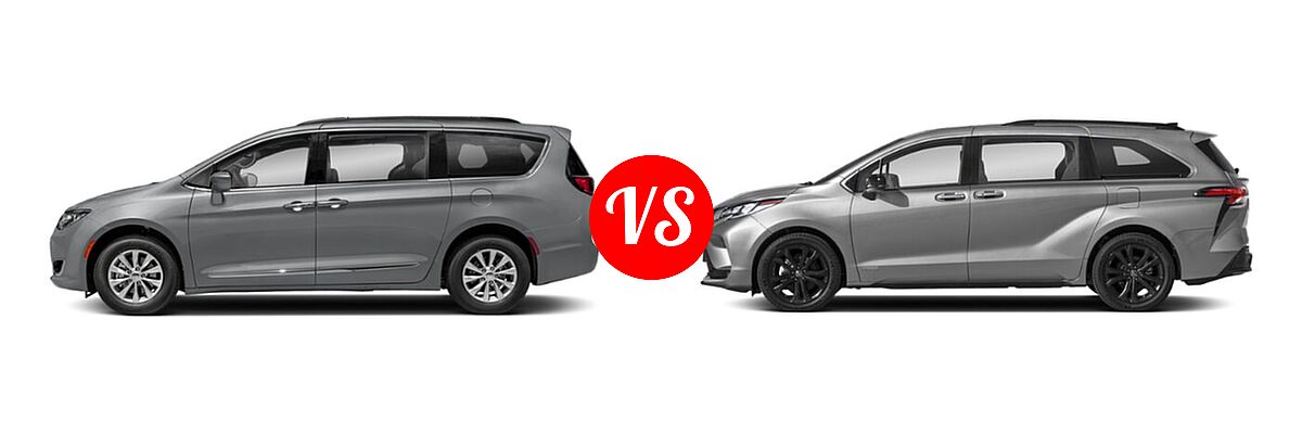2020 Chrysler Pacifica Minivan Red S vs. 2021 Toyota Sienna Minivan Hybrid XSE - Side Comparison