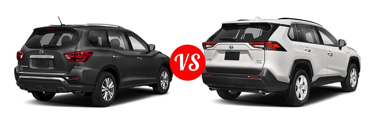 2020 Nissan Pathfinder SUV S vs. 2020 Toyota RAV4 Hybrid SUV Hybrid XLE - Rear Right Comparison