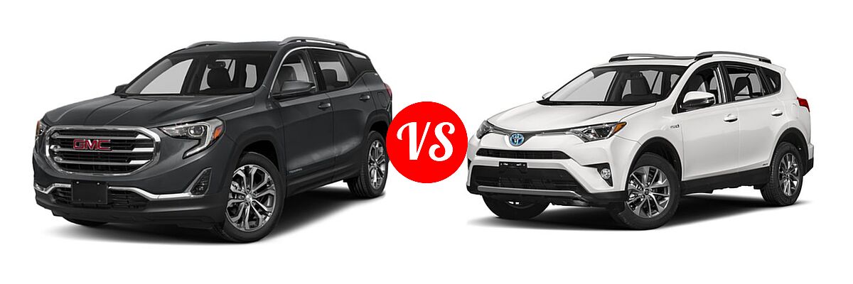 2018 GMC Terrain SUV Diesel SLT vs. 2018 Toyota RAV4 Hybrid SUV Hybrid LE / Hybrid XLE - Front Left Comparison