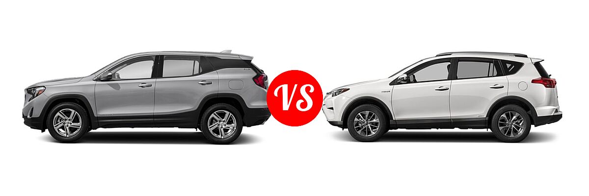 2018 GMC Terrain SUV Diesel SLE vs. 2018 Toyota RAV4 Hybrid SUV Hybrid LE / Hybrid XLE - Side Comparison
