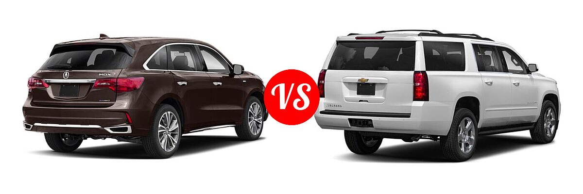 2020 Acura MDX SUV Hybrid Sport Hybrid w/Technology Pkg vs. 2020 Chevrolet Suburban SUV LS / LT - Rear Right Comparison