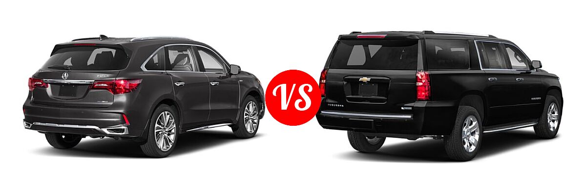 2020 Acura MDX SUV Hybrid Sport Hybrid w/Advance Pkg vs. 2020 Chevrolet Suburban SUV Premier - Rear Right Comparison
