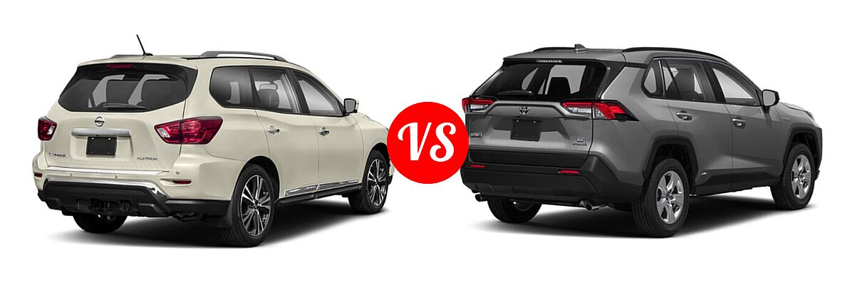 2020 Nissan Pathfinder SUV Platinum vs. 2020 Toyota RAV4 Hybrid SUV Hybrid LE - Rear Right Comparison