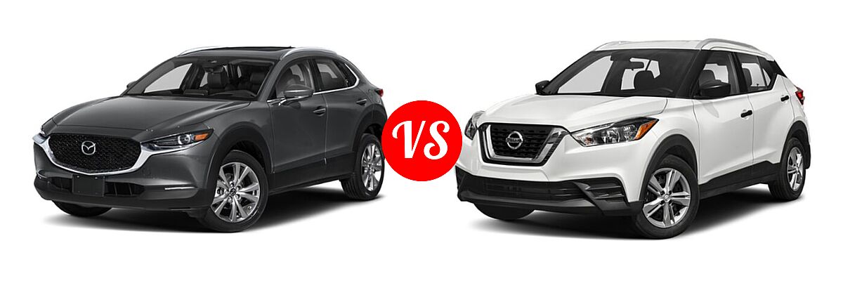 2020 Mazda CX-30 SUV Premium Package vs. 2020 Nissan Kicks SUV S / SV - Front Left Comparison
