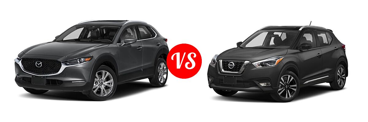 2020 Mazda CX-30 SUV Premium Package vs. 2020 Nissan Kicks SUV SR - Front Left Comparison