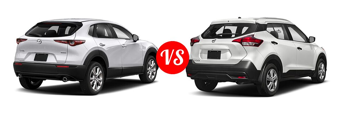 2020 Mazda CX-30 SUV Select Package vs. 2020 Nissan Kicks SUV S / SV - Rear Right Comparison