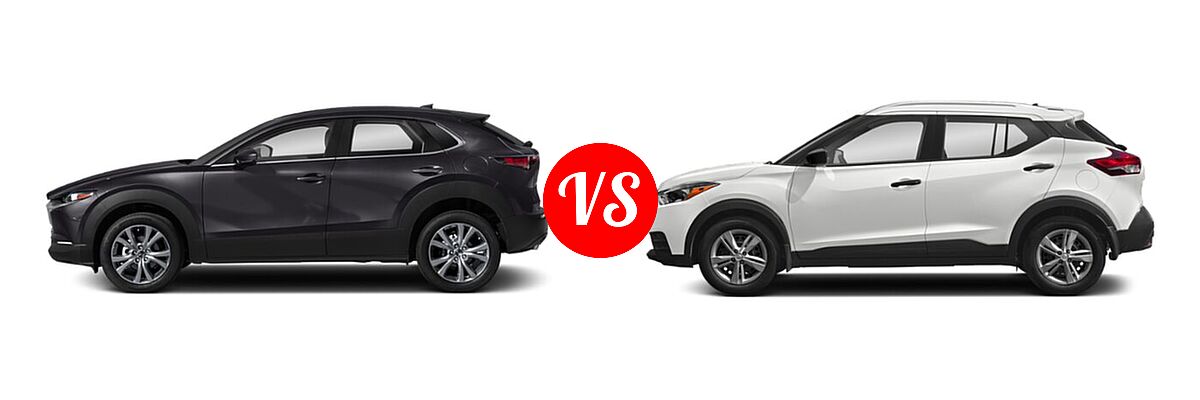 2020 Mazda CX-30 SUV Preferred Package vs. 2020 Nissan Kicks SUV S / SV - Side Comparison
