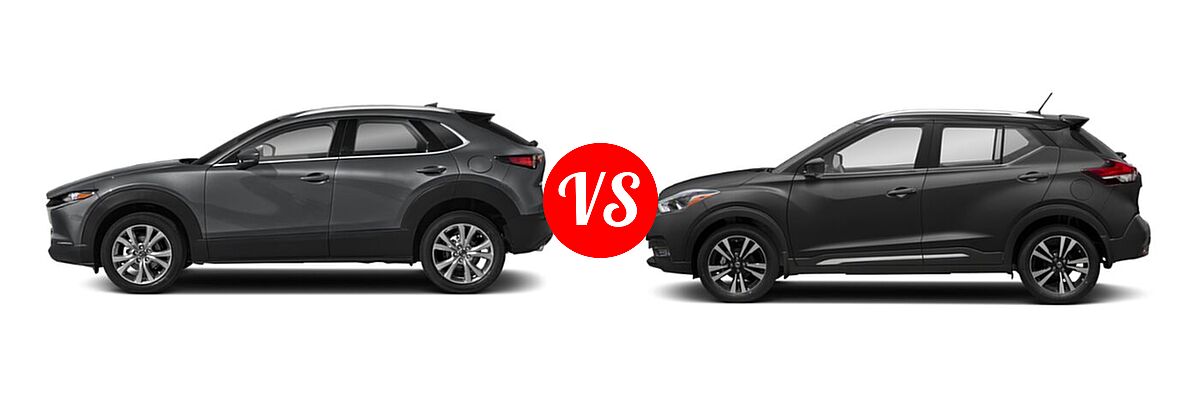 2020 Mazda CX-30 SUV Premium Package vs. 2020 Nissan Kicks SUV SR - Side Comparison