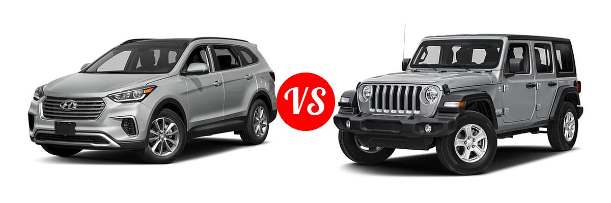 2018 Hyundai Santa Fe SUV SE vs. 2018 Jeep Wrangler Unlimited SUV Rubicon / Sahara / Sport - Front Left Comparison