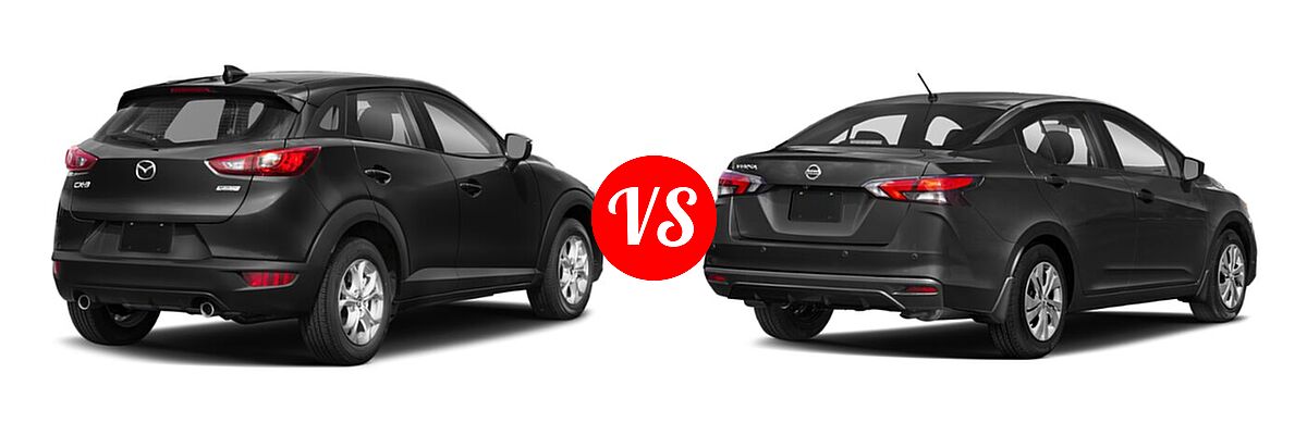 2020 Mazda CX-3 Sedan Sport vs. 2020 Nissan Versa Sedan S / SR / SV - Rear Right Comparison
