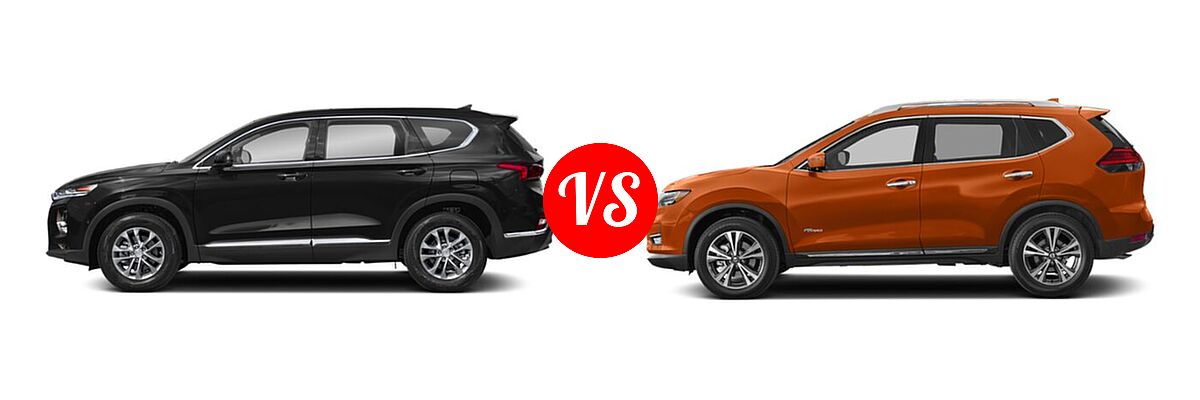2019 Hyundai Santa Fe SUV SE / SEL / SEL Plus vs. 2019 Nissan Rogue SUV Hybrid SL Hybrid / SV Hybrid - Side Comparison