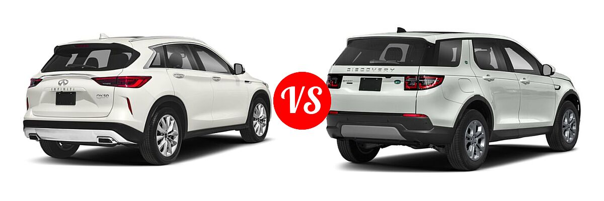 2019 Infiniti QX50 SUV ESSENTIAL / LUXE / PURE vs. 2023 Land Rover Discovery Sport SUV S / S R-Dynamic / SE / SE R-Dynamic - Rear Right Comparison