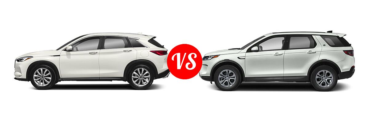 2019 Infiniti QX50 SUV ESSENTIAL / LUXE / PURE vs. 2023 Land Rover Discovery Sport SUV S / S R-Dynamic / SE / SE R-Dynamic - Side Comparison
