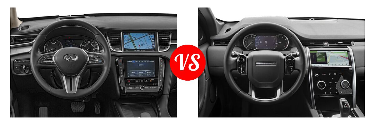 2019 Infiniti QX50 SUV ESSENTIAL / LUXE / PURE vs. 2023 Land Rover Discovery Sport SUV S / S R-Dynamic / SE / SE R-Dynamic - Dashboard Comparison
