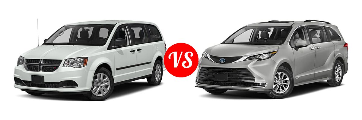 2020 Dodge Grand Caravan Minivan SE / SE Plus / SXT vs. 2022 Toyota Sienna Minivan Hybrid XLE Woodland Edition - Front Left Comparison